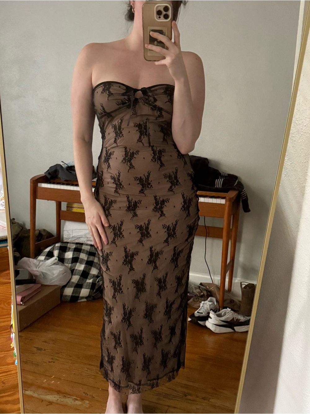 Strapless Brown Lace Overlay Midi Dress